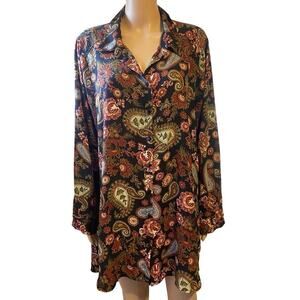 Spense Women Button Up Shirt 1X Black Brown Paisley Hi Low Coastal Sheer Long Sl